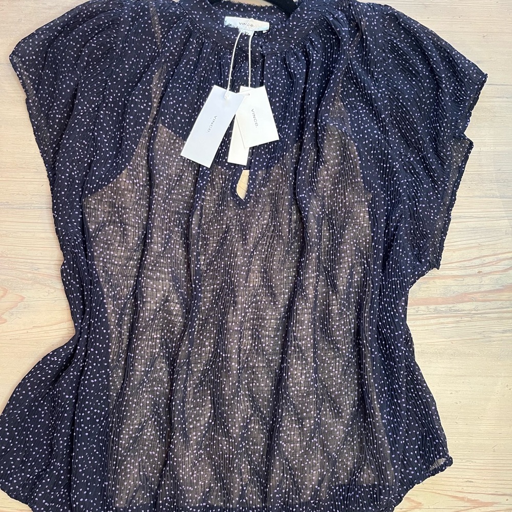 VINCE Starry Dot Semi Sheer Short Sleeve Blouse Blue Womens Size Small - Picture 3 of 10